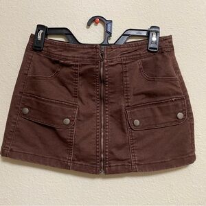 Brown Mini Skirt with Front Pockets and Midline Zipper